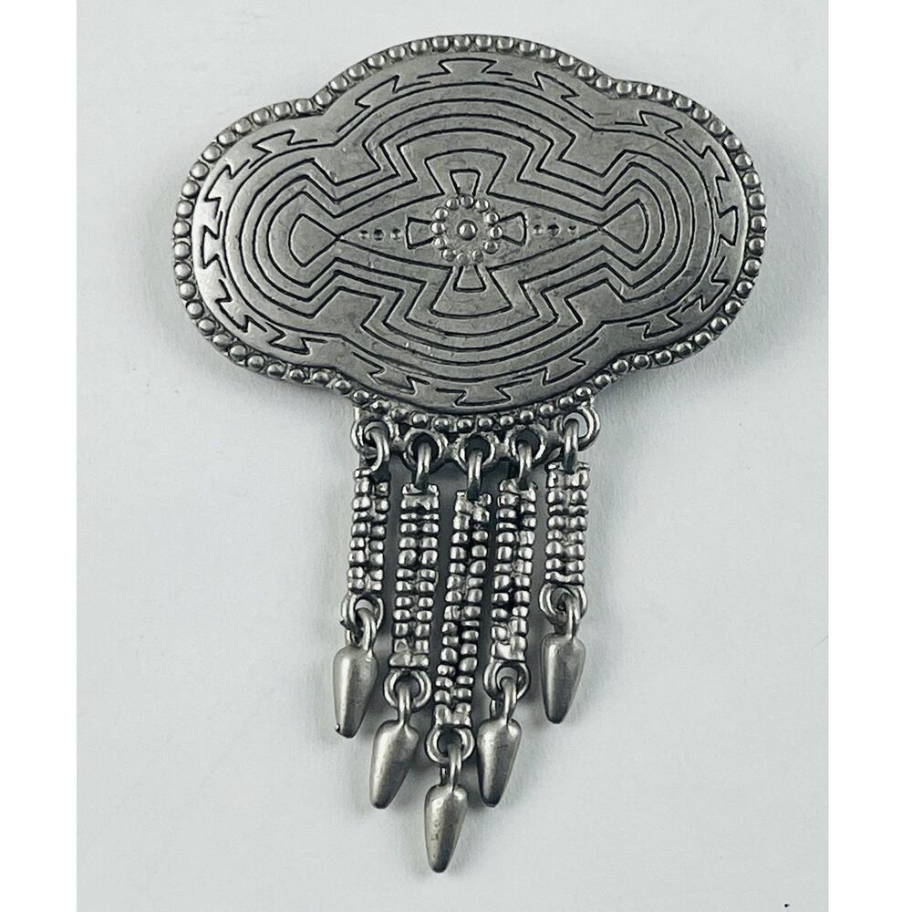 Brooch Vintage South Western Pewter Large Dangle Tassel Pin Native American Azte